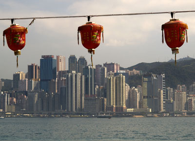 Hong Kong seafront from Kowloon with Chinese New Year lanterns.0165DHK